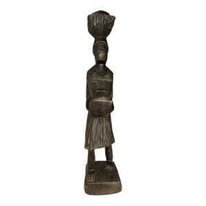 Vintage African Hand-Carved Wood Female Figure – 13.5" Tribal Woman Statue with